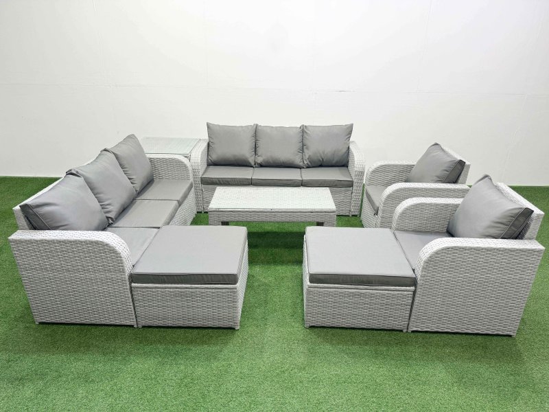Fimous PE Rattan High Back Lounge Sofa Set Patio Oblong Coffee Table & Chairs Set with 3 Seater Sofa Reclining Chair 2 Big Footstool Side Table Light Grey