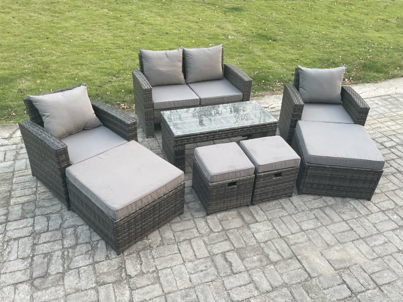 Fimous High Back Rattan Garden Furniture Sofa Sets with Rectangular Coffee Table Armchair 2 Big Footstool 2 Small Footstools Dark Grey Mixed