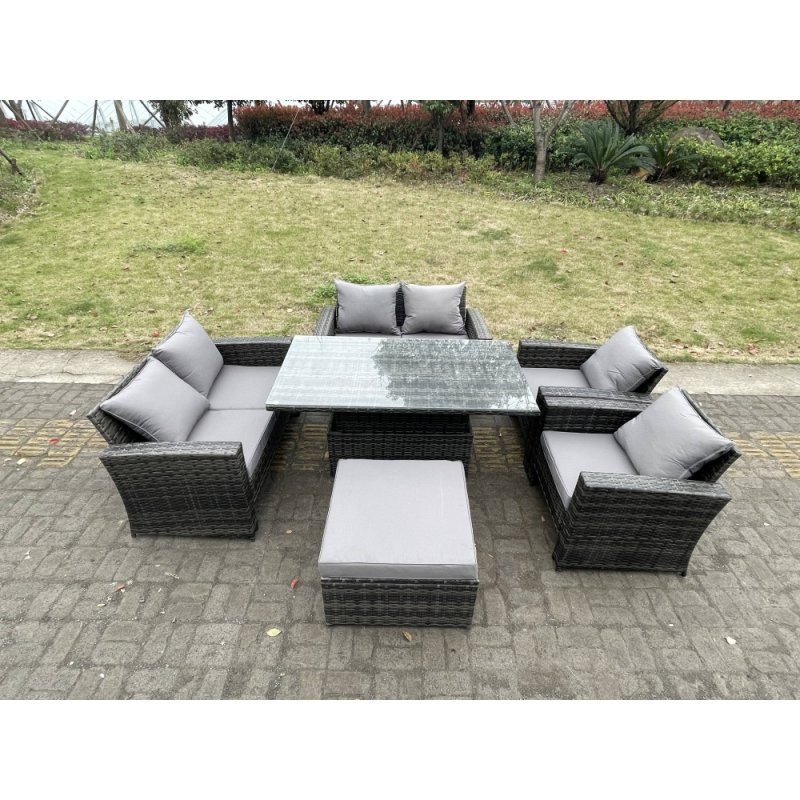 Fimous Rattan Outdoor Furniture Adjustable Rising Lifting Rectangle Dining Table Chairs Two Seater Love Sofa Sets Big Footstools 7 Seater