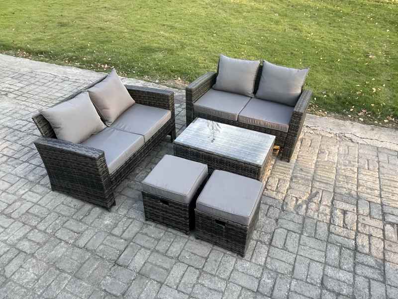 Fimous Wicker Rattan Garden Furniture Sofa Set with Rectangular Coffee Table Double Seat Sofa 2 Small Footstool 6 Seater Outdoor Rattan Set Dark Grey Mixed
