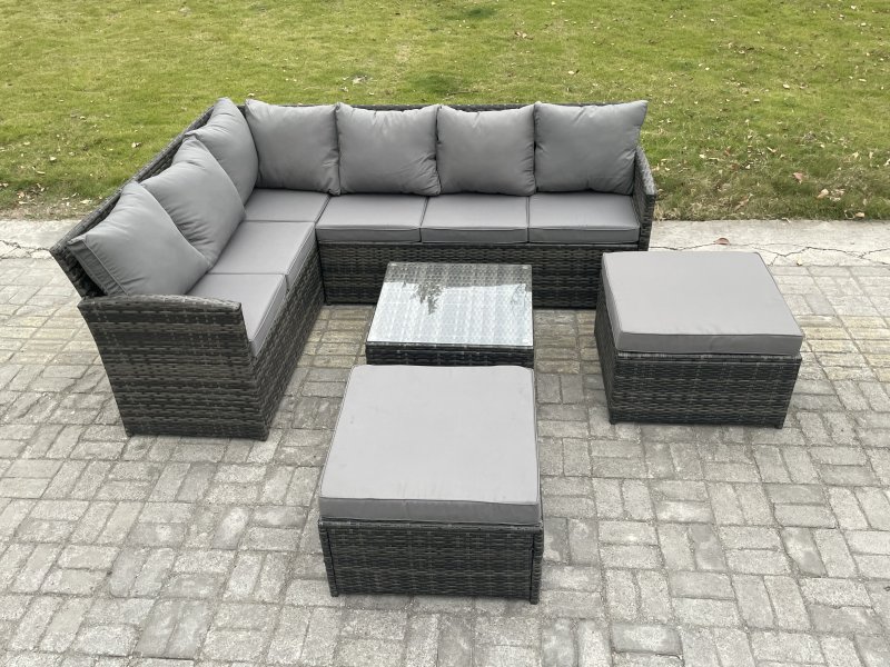 Fimous 8 Seater Outdoor Garden Furniture Set Wicker PE Rattan Corner Sofa Set with Square Coffee Table 2 Big Footstool Dark Grey Mixed