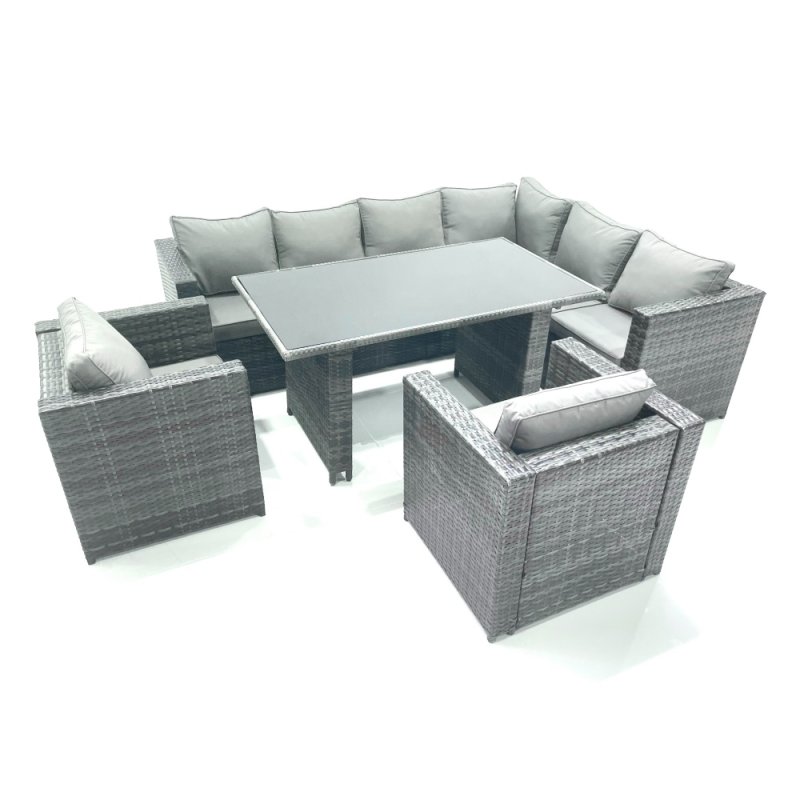 Fimous Outdoor Lounge Rattan Corner Sofa Set Garden Furniture Rectangular Dining Table Chair Dark Grey