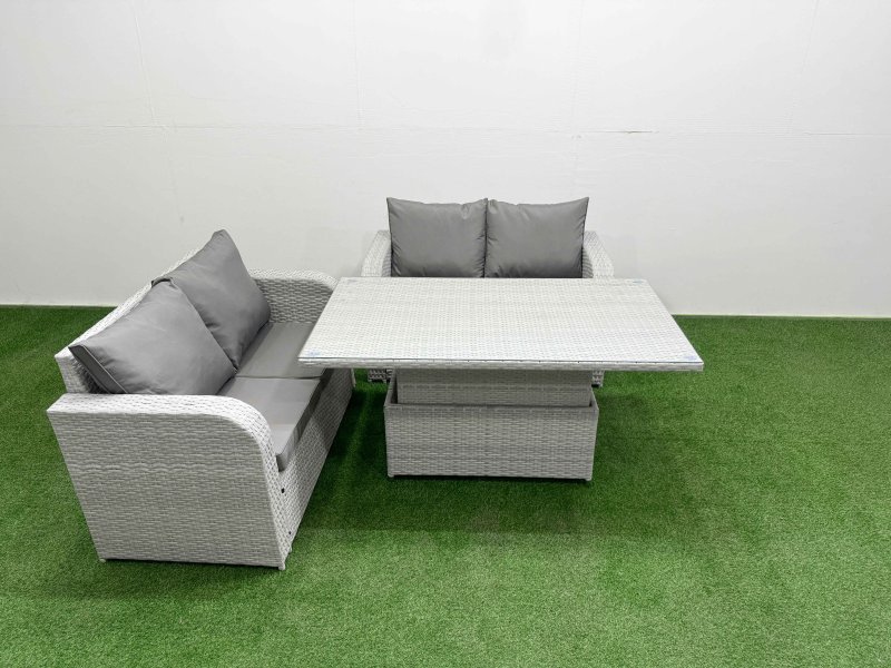 Fimous 4 Seater Outdoor Love Sofa Set Rattan Garden Furniture Set with Adjustable Lifting Dining or Coffee Table Light Grey