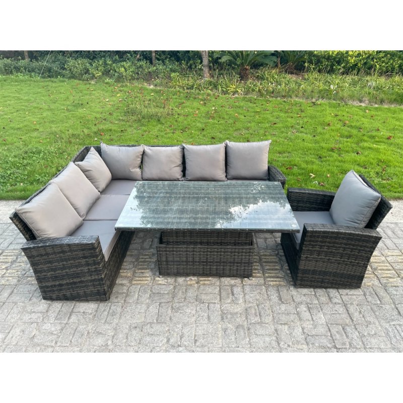 Fimous High Back PE Rattan Corner Sofa Set Garden Furniture Adjustable Rising Lifting Table Set With Chair