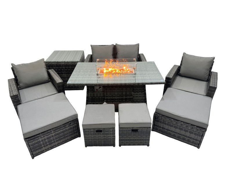 Fimous Outdoor Love Sofa Set 8 Seat Rattan Garden Furniture Set with Gas Firpit Dining Table 4 Footstools Side Table Dark Grey Mixed