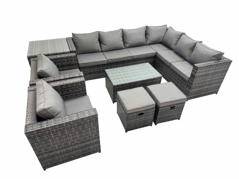 Fimous Patio Sofa Oblong Coffee Table Set Rattan Garden Furniture Set with 2 Chairs 2 Small Stools Side Table Dark Grey Mixed
