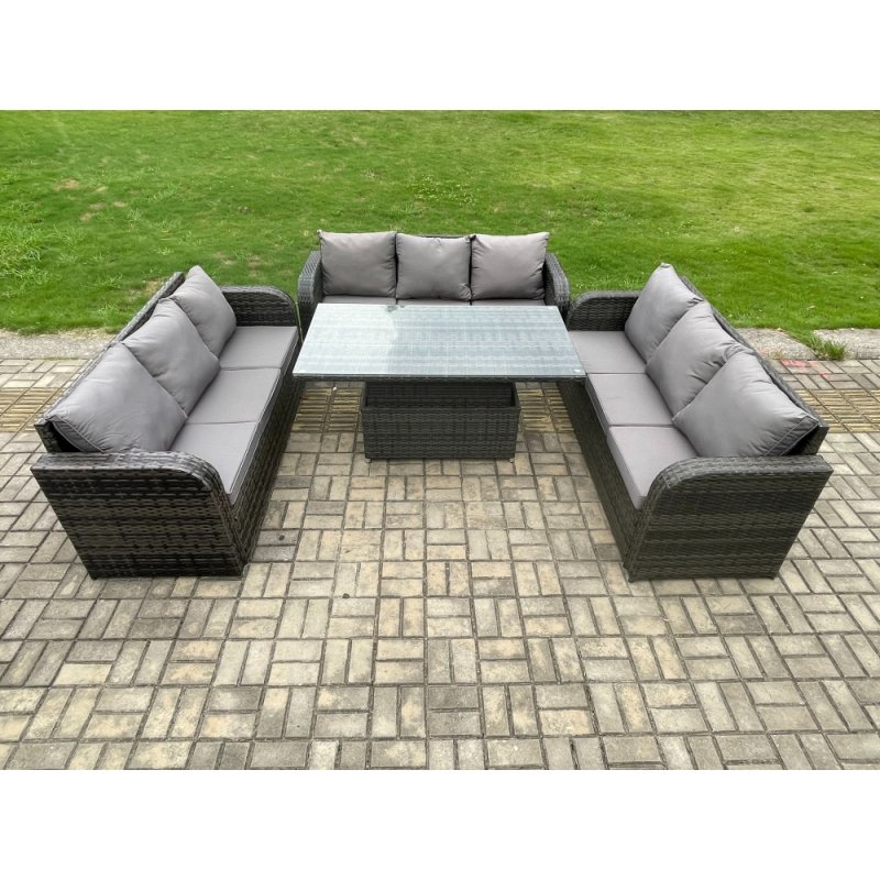 Fimous Patio Garden Dining Set Outdoor Rattan Furniture Lounge Sofa Height Adjustable Rising lifting Table Dark Grey Mixed