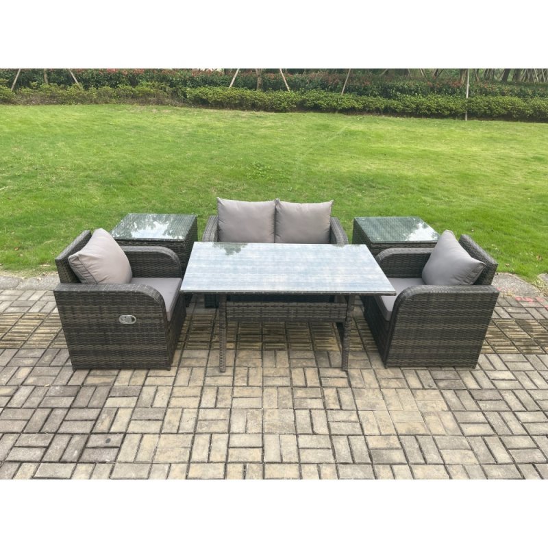 Fimous Outdoor Rattan Garden Furniture Lounge Sofa Set With Oblong Rectangular Dining Table 2 PC Reclining Chair 2 PC Side Tables