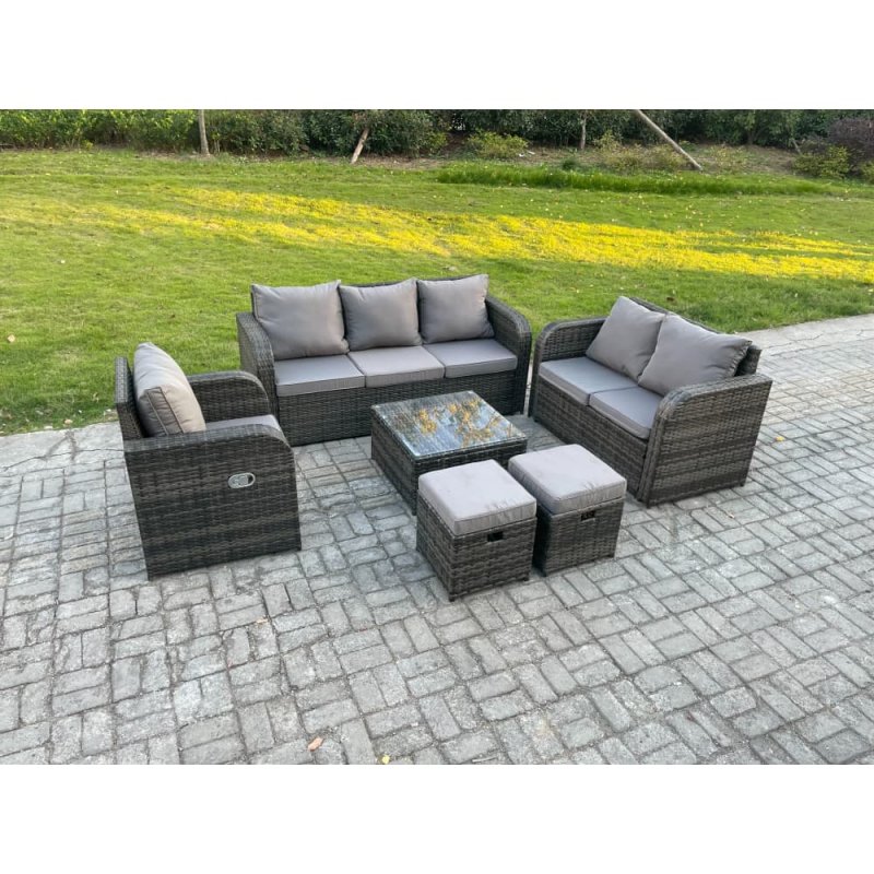 Fimous Rattan Garden Furniture 6 Piece Patio Set With Table Sofa Square Coffee Table Reclining Chair Love seat sofa 2 Small Footstools