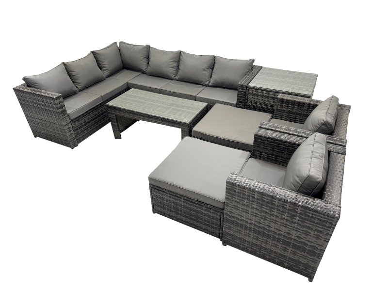 Fimous 8 Pieces Outdoor PE Rattan Garden Furniture Corner Sofa Oblong Coffee Table Set with Cushions Chair 2 Big Footstools Side Table Dark Grey Mixed