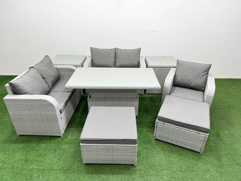 Fimous High Back Poly Rattan Garden Furniture Set with Reclining Chair Loveseat Sofa Adjustable Lifting Dining or Coffee Table Indoor Outdoor Patio Set 2 Big Stool 2 Side Table Light Grey