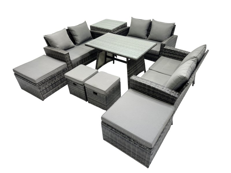 Fimous 10 Seater Wicker PE Rattan Furniture Outdoor Dining Table Double Seat Sofa 4 Stools Side Table Set Dark Grey Mixed