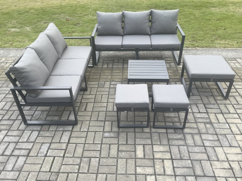 Fimous Aluminium 9 Seater Outdoor Garden Furniture Lounge Sofa Set with Square Coffee Table 3 Footstools Dark Grey