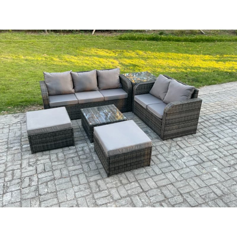 Fimous 7 Seater High Back Rattan Garden Furniture Set with Square Coffee Table 2 Big Footstool Side Table Indoor Outdoor Patio Lounge Sofa Set Dark Grey Mixed