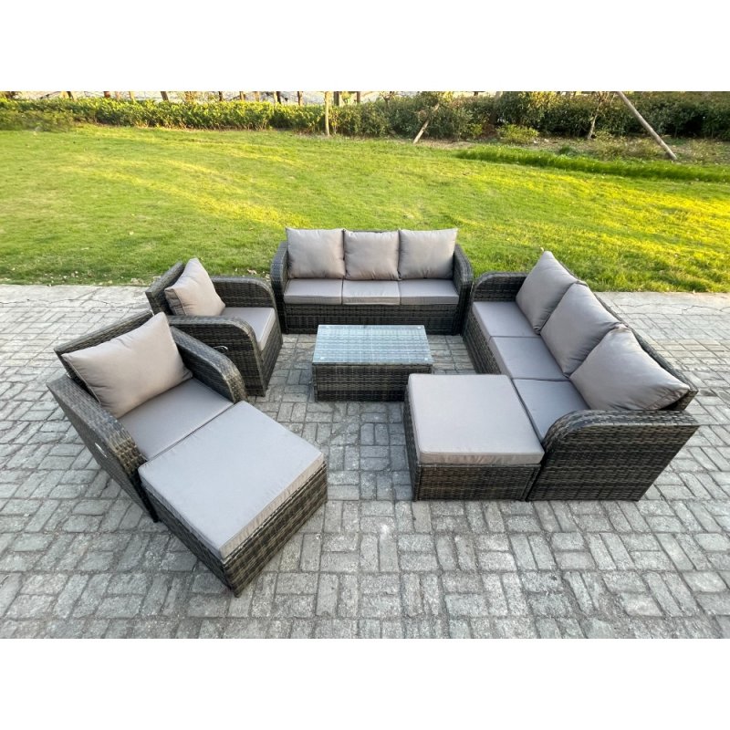 Fimous Wicker PE Rattan Garden Furniture Set 10 Seater Outdoor Lounge Sofa Set with Coffee Table 2 Big Footstool Dark Grey Mixed