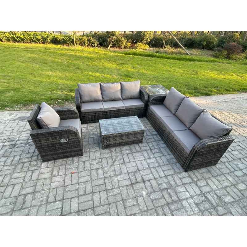 Fimous 7 Seater Rattan Outdoor Garden Furniture Sofa Set Patio Table & Chairs Set with 3 Seater Sofa Reclining Chair 3 Seater Sofa Side Table Dark Grey Mixed