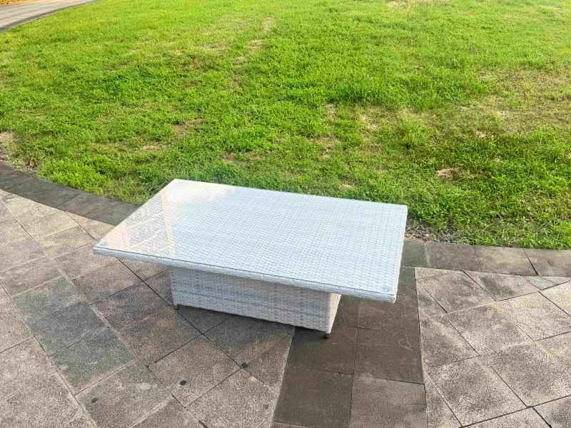 Fimous Light Grey Rattan Outdoor Garden furniture Set Height Adjustable Rising Lifting Table and 6 Chairs Set with Seat Cushion