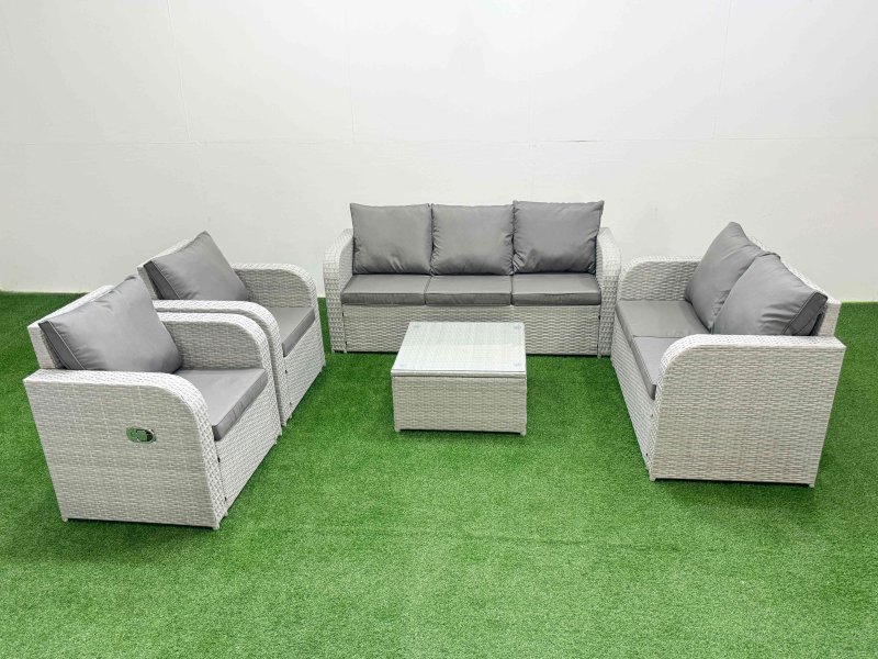 Fimous PE Rattan Garden Furniture Set Adjustable Chair Sofa Double Love Seat 2 Seater Sofa Lounge Set Square Coffee Table Light Grey