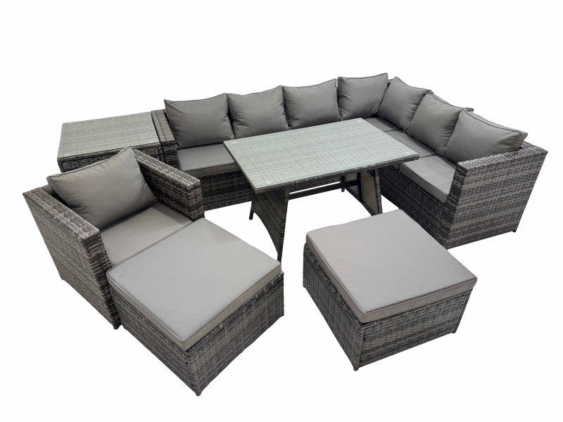 Fimous Rattan garden furniture Patio Furniture Sets with Dining Table Chair 2 Big Stools Side Table Dark Grey Mixed