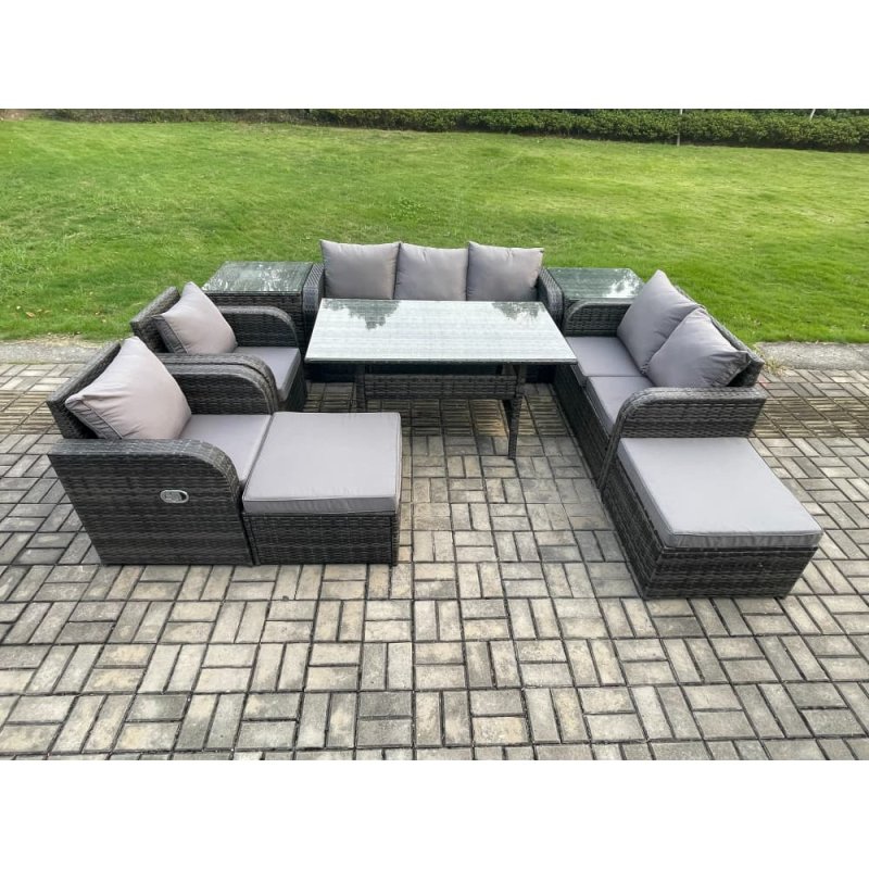 Fimous 9 Seater Garden Rattan Furniture Dining Table Sofa Set Indoor Outdoor with 2 Reclining Chairs 2 Side Tables 2 Big Footstool Dark Grey Mixed