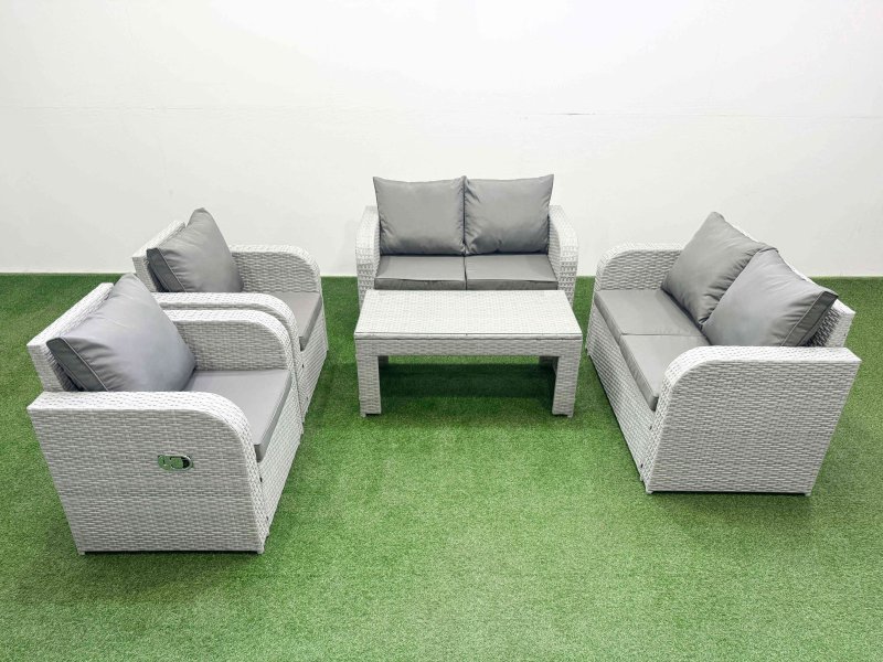 Fimous 6 Seater Outdoor Reclining Chair Love Sofa Set Rattan Garden Furniture Set with Oblong Coffee Table Light Grey