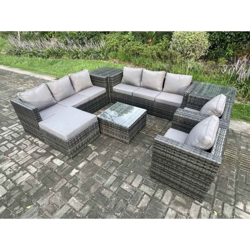 Fimous Rattan Garden Furniture Sofa Set with 2 Armchairs Square Coffee Table Side Table Big Footstool Indoor Side Table 9 Seater Outdoor Rattan Set Dark Grey Mixed