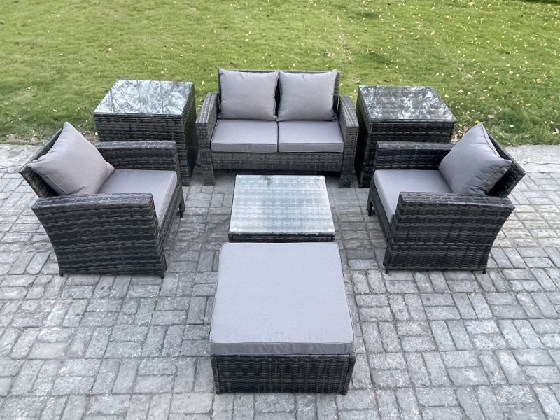 Fimous 5 Seater Outdoor Garden Furniture High Back Rattan Sofa Set with Square Coffee Table 2 SideTables Big Footstool Dark Grey Mixed