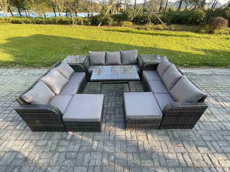 Fimous Rattan Garden Furniture Set 11 Seater Patio Outdoor Lounge Sofa Set with 2 Side Tables Rectangular Dining Table 2 Big Footstool Dark Grey Mixed