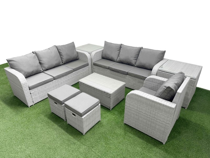Fimous 9 Seater Poly Rattan Outdoor Garden Furniture Sofa Set Patio 3 Seater Sofa Reclining Chair 3 Seater Sofa Stools 2 Side Table Light Grey