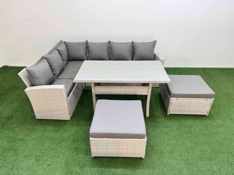 Fimous 8 Seater Rattan Garden Furniture Set Outdoor Patio Dining Corner Sofa Sets with Dining Table 2 Big Footstools Light Grey Mixed