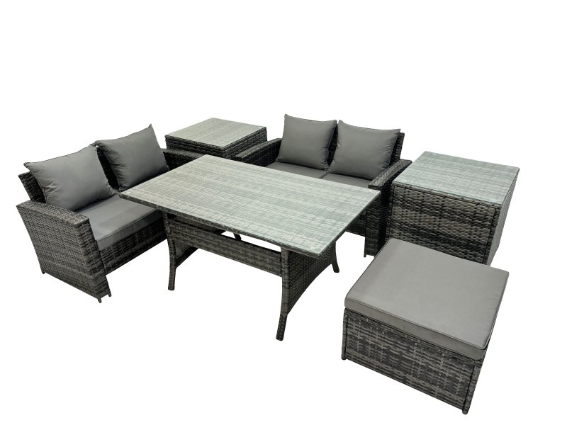Fimous 5 Seater Wicker PE Rattan Furniture Outdoor Dining Table Double Seat Sofa 2 Side Table Big Stool Set Dark Grey Mixed