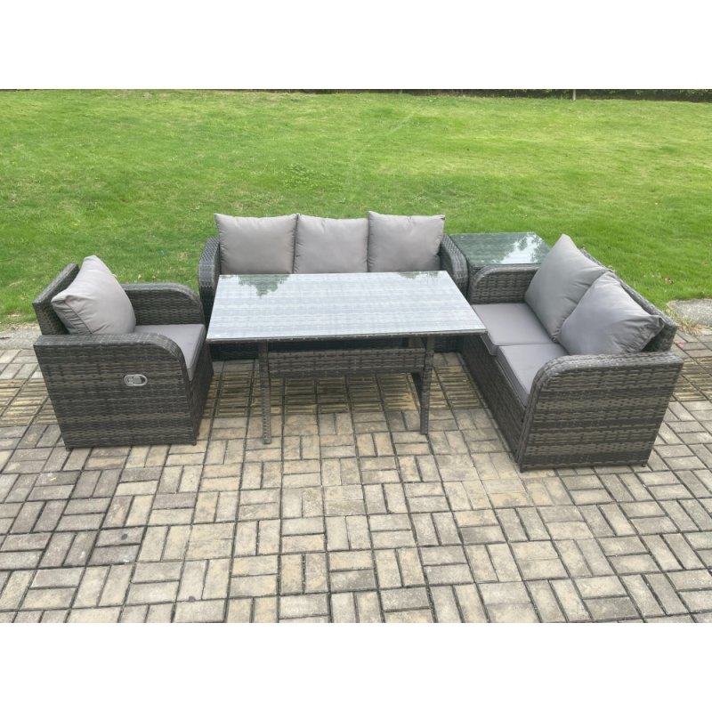 Fimous 6 Seater Garden Rattan Furniture Dining Table Sofa Set Indoor Outdoor with Reclining Chairs Side Table Dark Grey Mixed