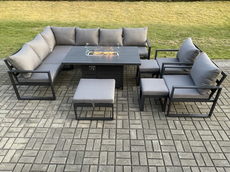 Fimous Aluminium 10 Pieces Garden Furniture Corner Sofa Set with Cushions Gas Fire Pit Dining Table Set with 2 Chairs 3 Footstools Dark Grey