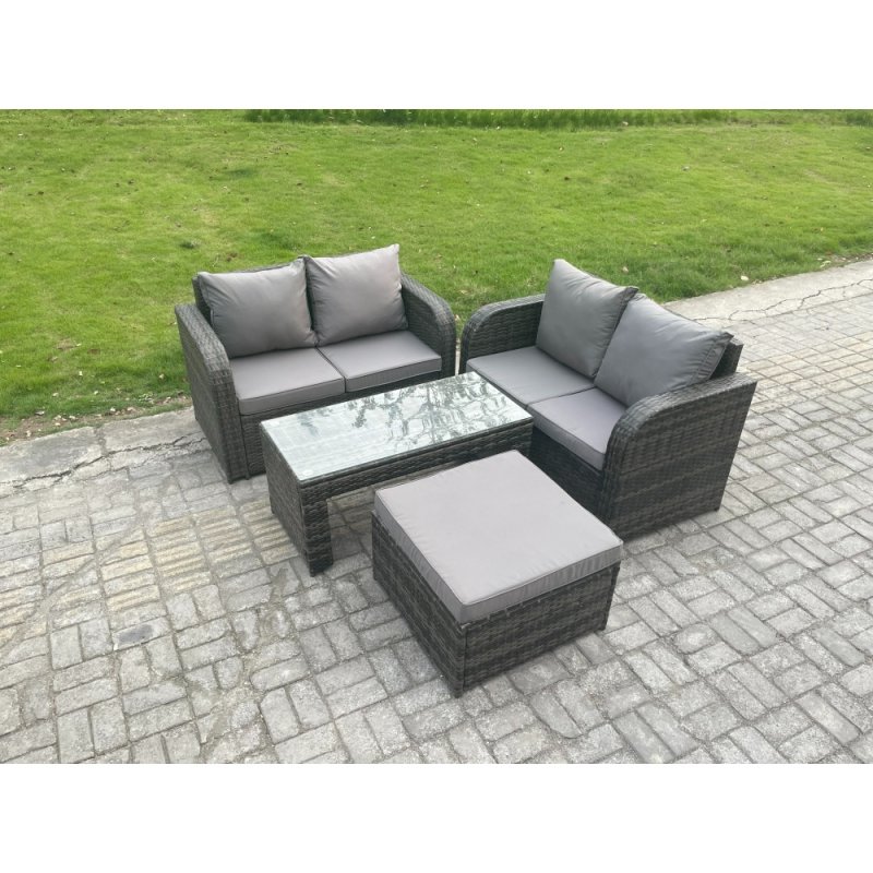 Fimous High Back Rattan Garden Furniture Set with Loveseat Sofa Rectangular Coffee Table Big Footstool Indoor Outdoor Patio Lounge Sofa Set Dark Grey Mixed