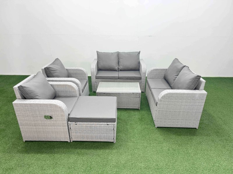 Fimous 7 Seater Outdoor Reclining Chair Love Sofa Set Rattan Garden Furniture Set with Rectangular Coffee Table Footstool Light Grey