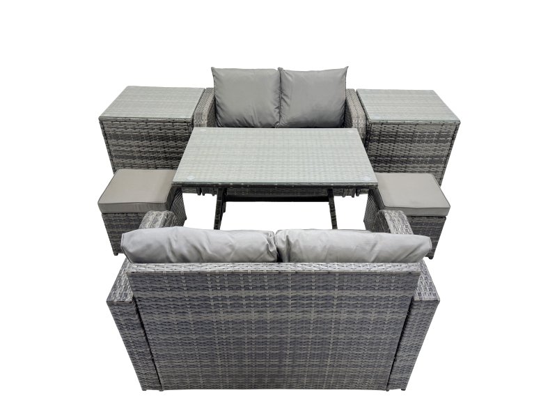Fimous 6 Seater Garden Outdoor Rattan Furniture Set Rattan Sofa Oblong Dining Table with 2 Small Footstools 2 Side Table Dark Grey