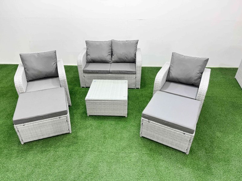 Fimous Light Grey PE Wicker Rattan Garden Furniture Set Sofa Set Reclining Adjustable Chair Square Coffee Table 6 Seater 2 Big Stools