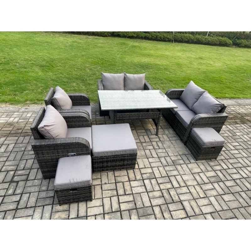 Fimous Outdoor Rattan Garden Furniture 8 piece Grey Patio Furniture Set 9 Seater Lounge Sofa Set with Rectangular Table Reclining Chairs 3 Stools