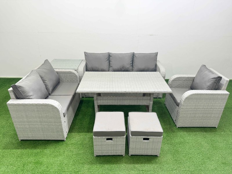 Fimous Patio PE Wicker 8 Seater Outdoor Rattan Furniture Sofa Sets with Rectangular Dining Table Reclining Chair Loveseat Sofa 3 Seater Sofa Stool Side Table Light Grey