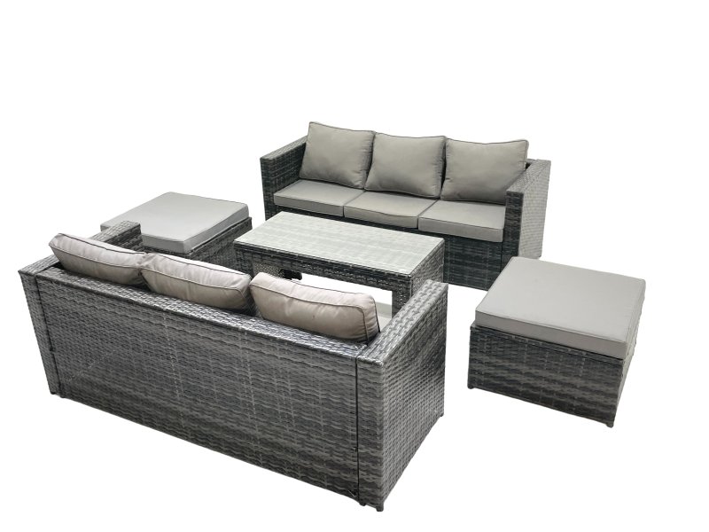 Fimous Garden Outdoor Rattan Furniture Set with Sofa Coffee table 2 Big Footstools Dark Grey Mixed
