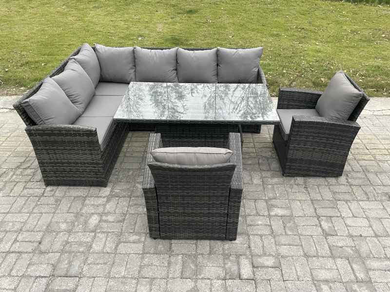 Fimous Wicker PE Outdoor Rattan Garden Furniture Set Height Adjustable Rising Lifting Table Sofa Dining Set with 2 Armchairs Dark Grey Mixed