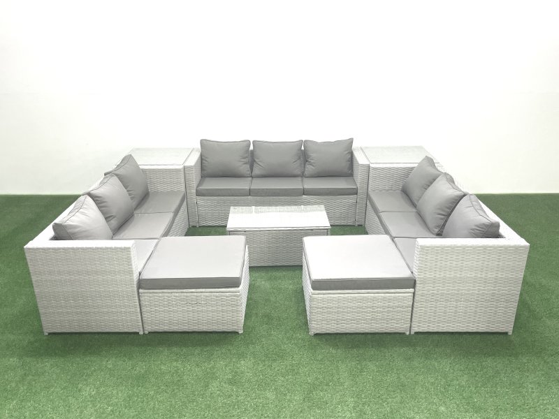 Fimous Rattan Garden Outdoor Furniture Set 11 Seater Garden Sofa Coffee Table Set with 2 Big Footstools 2 Side Tables Light Grey Mixed