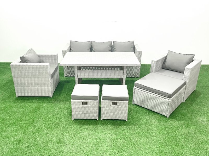 Fimous Garden Dining Set Outdoor Rattan Furniture Set with Sofa Dining Table 2 Chairs 3 Footstools Light Grey Mixed