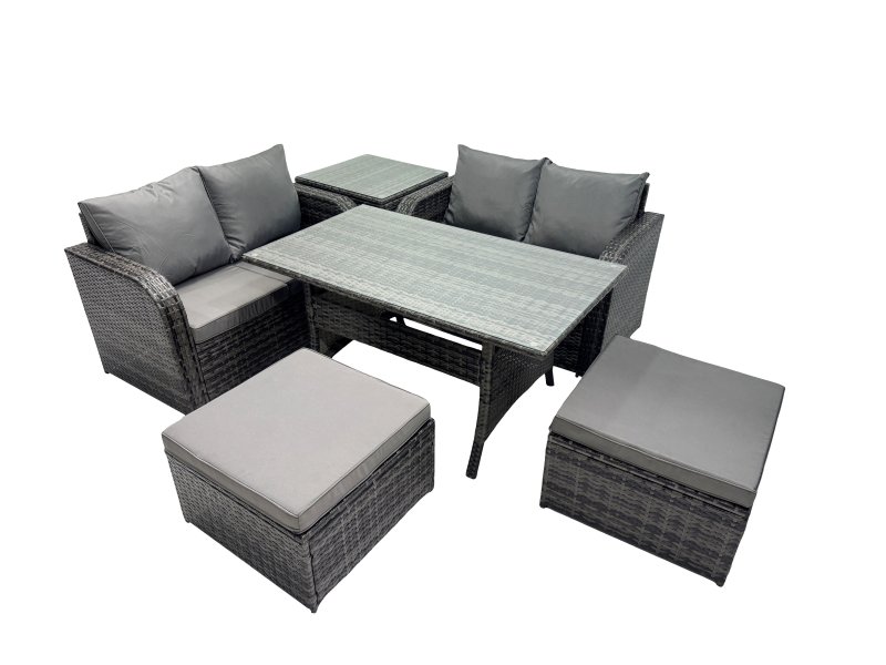 Fimous Wicker PE Rattan Garden Outdoor Furniture Set Love Sofa Dining Table Sets with Side Table 2 Big Stools Dark Grey Mixed