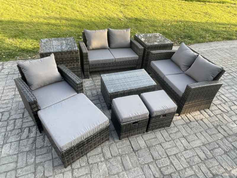 Fimous Rattan Garden Furniture Set 8 Seater Patio Outdoor Lounge Sofa Chair Set with Rectangular Coffee Table 3 Footstools 2 Side Tables Dark Grey Mixed