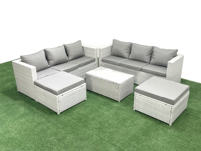 Fimous Garden Outdoor PE Rattan Furniture Set 8 Seater Rattan Garden Sofa Set with 2 Big Footstools Light Grey Mixed