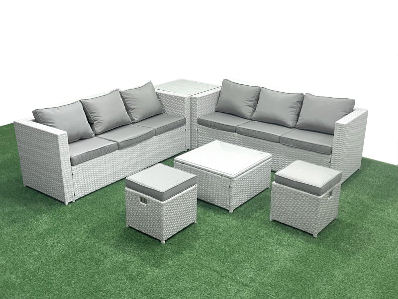 Fimous Rattan Garden Outdoor Furniture Set 8 Seater Rattan Garden Sofa Set with 2 Small Footstool Side Table Light Grey Mixed