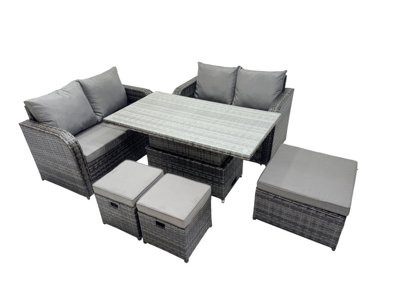 Fimous 7-seater Patio Height Adjustable Rising Lifting Table Sofa Sets Rattan Garden Furniture Dining Set with 3 Stools Dark Grey Mixed