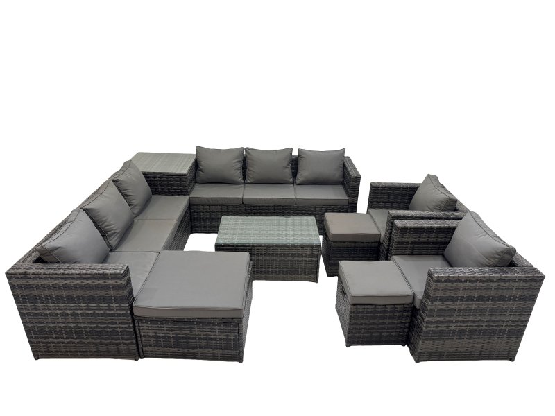 Fimous 11 Seater Garden Outdoor Rattan Furniture Set Patio Corner Sofa Rectangular Coffee Table with 3 Stools Dark Grey