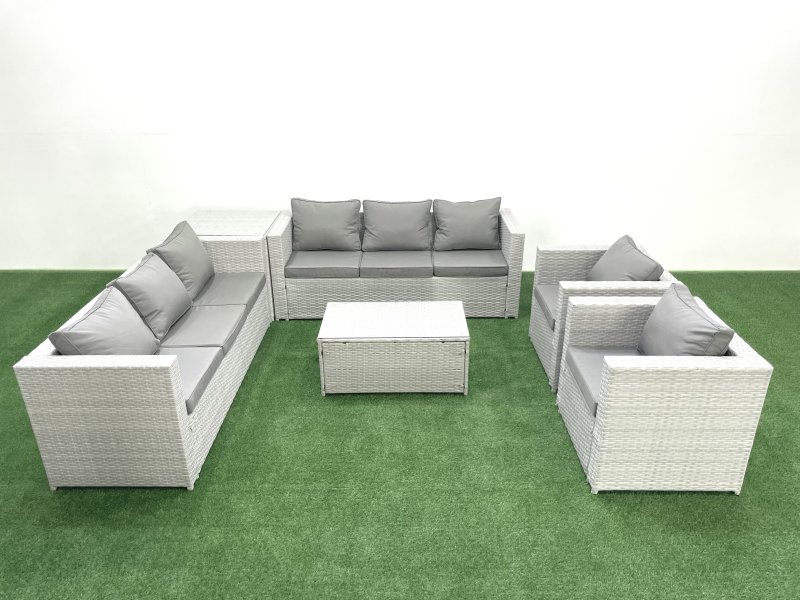 Fimous Outdoor Rattan Sofa Garden Furniture Set with 2 Armchairs Oblong Coffee Table Side Table Light Grey Mixed
